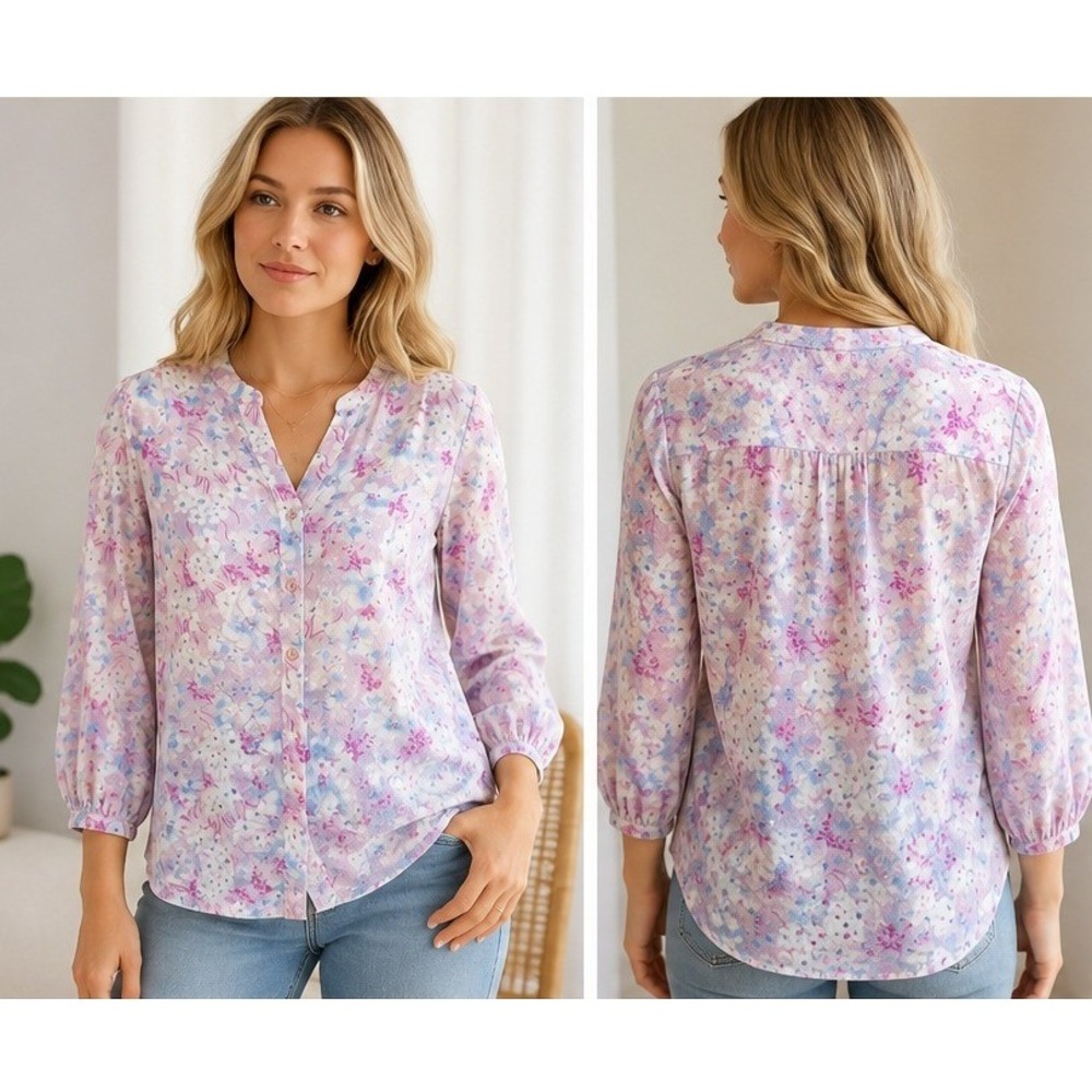Gloria Vanderbilt Floral Blouse Womens PS Cottagecore Botanical Swiss Dot Merisa